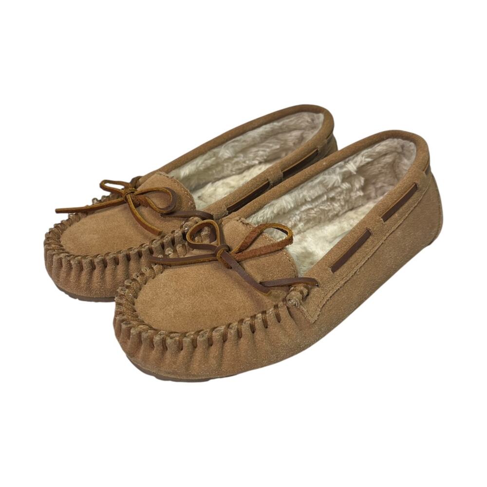 Minnetonka Cally Moccasin Slippers Womens 7M Brown Leather Faux Fur Cozy Cabin
